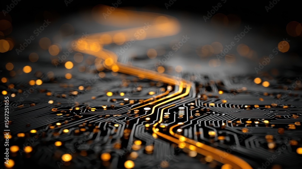 Poster 3d render of a futuristic circuit board with lights and glowing paths showcasing modern technology a