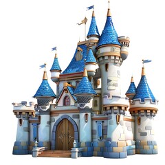 A charming and detailed 3D illustration of a fantastical medieval castle perched atop rugged gray rocks