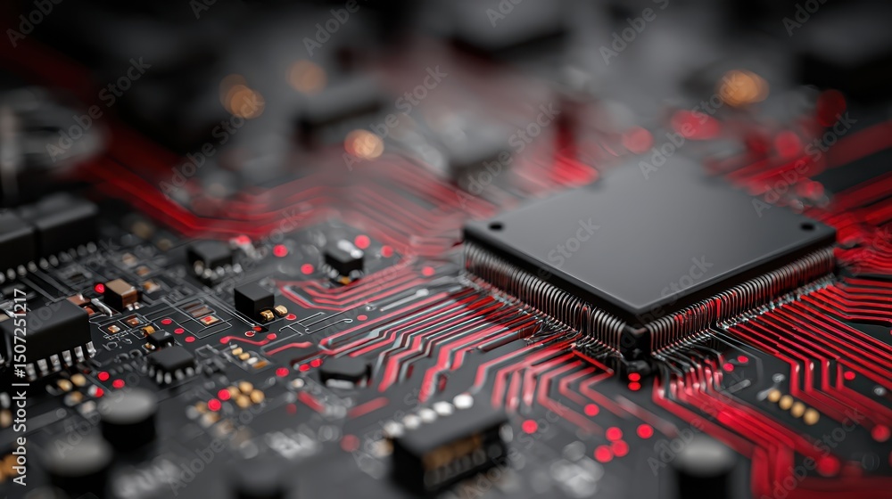 Poster 3d render of a circuit board with glowing paths depicting advanced technology and modern electronics