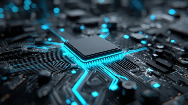 Detailed 3d schematic of a computer chip on a circuit board hovering over a digital background with complex design