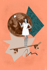 Vertical poster art photo collage of happy girl guy stand longboard ride skate-park moon planet...