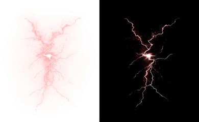 Fototapeta na wymiar Dramatic lightning strike and thunder overlay with electric storm energy. Powerful weather effect ideal for dramatic nature scenes and designs. Isolated PNG background.
