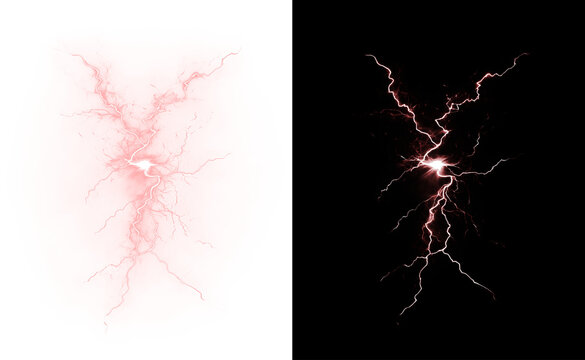 Dramatic lightning strike and thunder overlay with electric storm energy. Powerful weather effect ideal for dramatic nature scenes and designs. Isolated PNG background.
