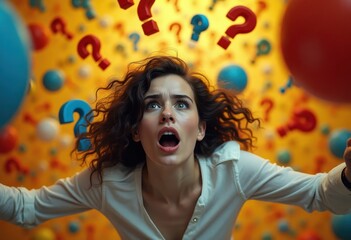 Overwhelmed Person with Question Marks, Stress and Confusion Concept