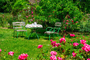 Beautiful garden setup with a table and chairs under the sun, surrounded by vibrant flowers and greenery, creating a relaxing and idyllic outdoor atmosphere perfect for leisure and tranquility
