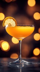 Refreshing Cocktail with Lemon Slice and Bokeh Lights Background