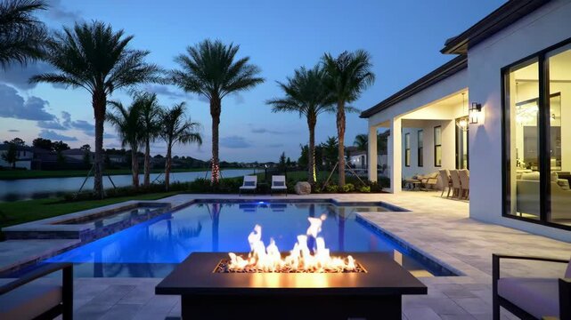 Modern Luxury Home Exterior at Dusk with Pool and Fire Pit Establishing Shot
