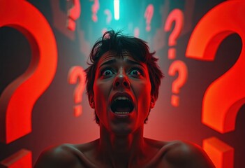 Overwhelmed Person with Question Marks, Stress and Confusion Concept