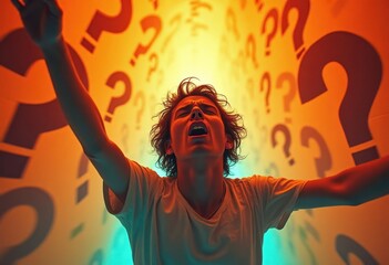 Overwhelmed Person with Question Marks, Stress and Confusion Concept