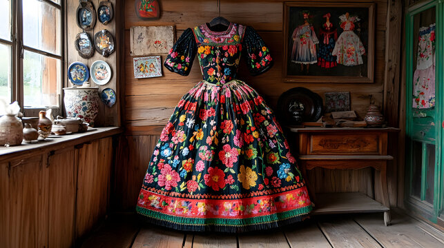 Elegant Hungarian Matyo folk dress with vibrant floral embroidery displayed in rustic wooden room historic craftsmanship