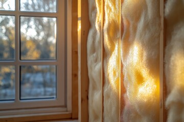 Wall insulation gap filling renovation in cozy room with soft, golden light filtering through window. Concept of wall insulation gap filling enhancing warmth and comfort.