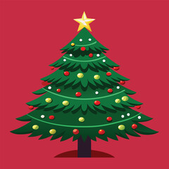 Cartoon christmas tree illustration with decorations and star on red background.