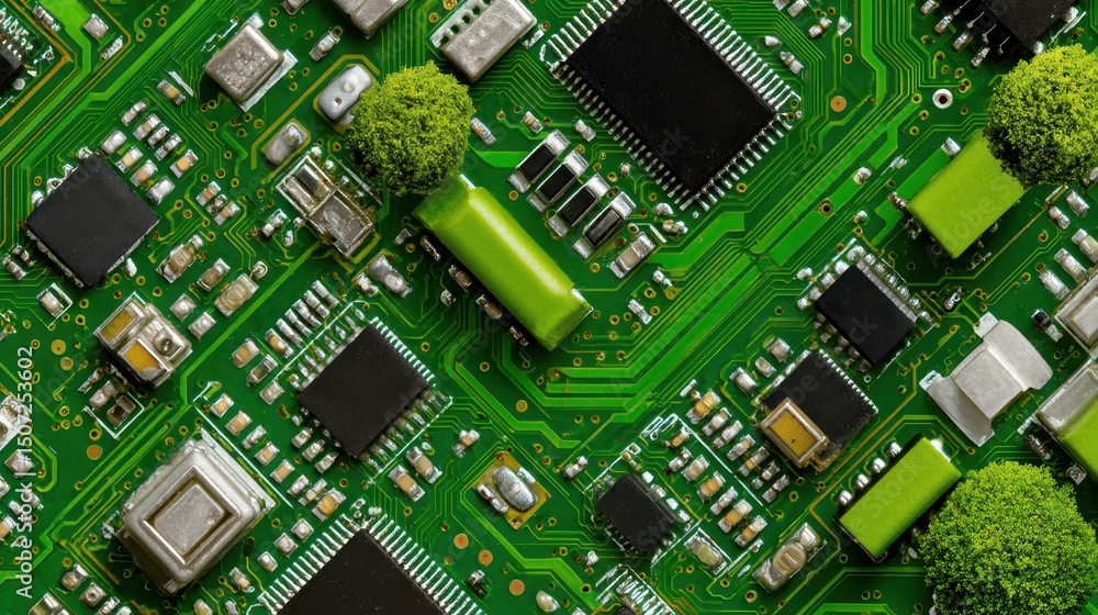 Poster artistic rendering of green circuit board layout imagined as a vibrant city map with electronic comp
