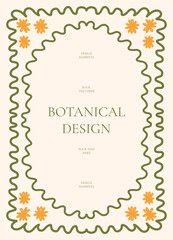 Botanical decorative frame with curly green border and orange hand drawn flowers on light background. Minimal floral design. Vector illustration template for greeting or invitation.