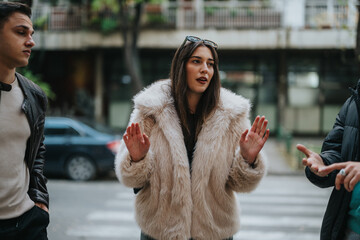 A woman wearing a fur coat gesturing while conversing with two individuals on a street. The scene...