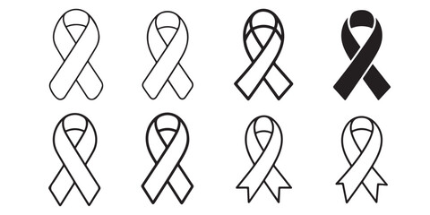 Breast cancer awareness Ribbon Icons Black White Pink Support Charity, Breast cancer awareness Ribbon Icons Set Black and White Line Art, 