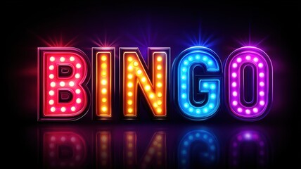 Brightly lit "BINGO" sign with colorful lights against a dark background.