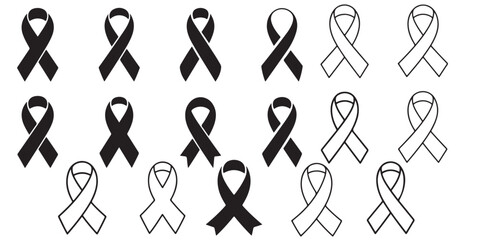 Breast cancer awareness Ribbon Icons Black White Pink Support Charity, Breast cancer awareness Ribbon Icons Set Black and White Line Art, 