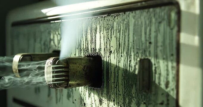 Close-up of smoke coming out of an old, dirty electrical switch, indicating a dangerous short circuit.