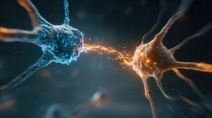 Obraz premium Neurons connected by synapses, showcasing dynamic interactions in a scientific illustration.