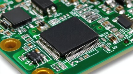 Exaggerated representation of microchips on a circuit board highlighting advanced technology in electronics
