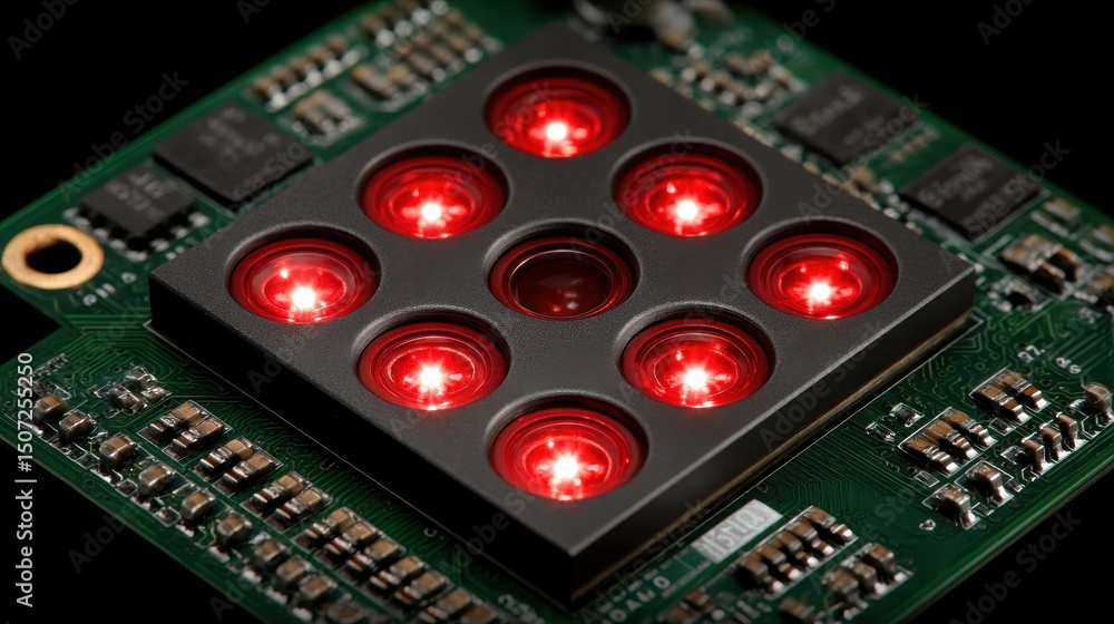 Poster close-up of a red led illuminating on a circuit board with artistic angle showcasing electronic comp