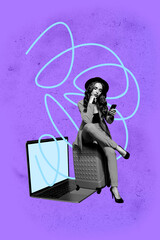 3d pop image zine photo collage of happy girl guy stand laptop device hypnosis influence fake new...
