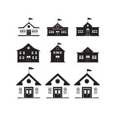 Nine simple black and white school building icons