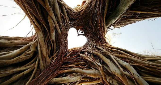 Low angle static shot: Intertwined tree roots form a heart shape against a bright sky.