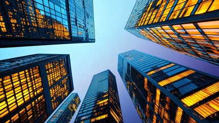 Golden hour lights paint tall skyscrapers in warm hues as silhouettes against a clear violet twilight sky city skyline