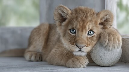 Obraz premium Adorable Lion Cub Wildlife Animal Portrait Baby Lion Soft Fur Cute Innocent Playful