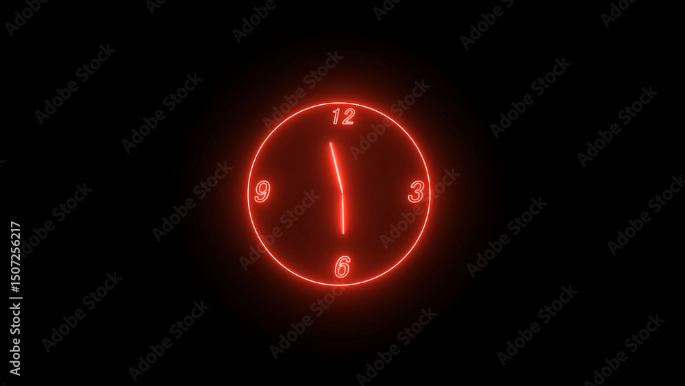 Poster red neon clock face displaying eleven o clock on a black background