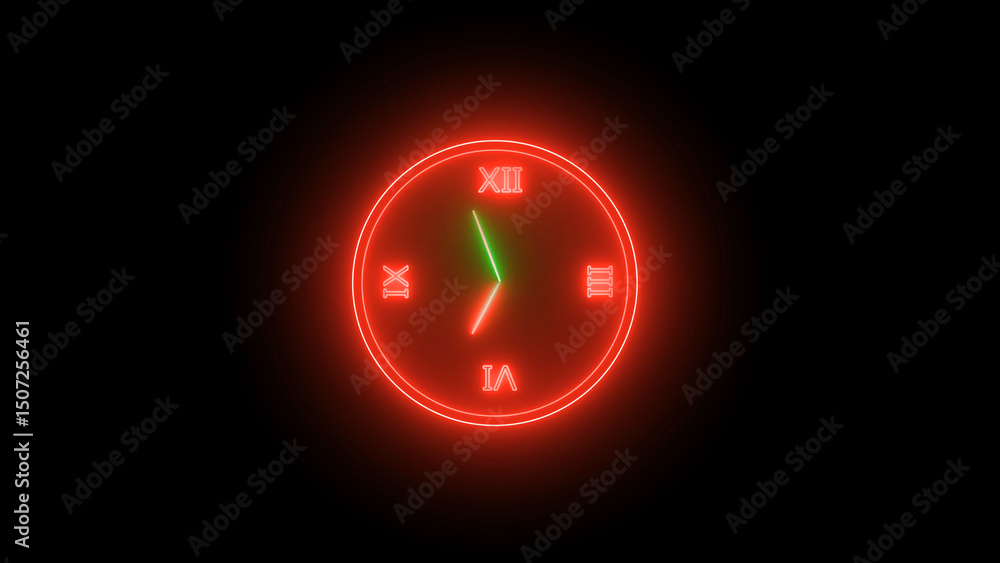 Aufkleber glowing red neon clock with roman numerals displaying seven o clock on a black background