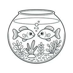 Two Cartoon Goldfish in a Fishbowl with Plants and Bubbles Black and White Line Art Illustration for Coloring Books and Educational Materials for Children