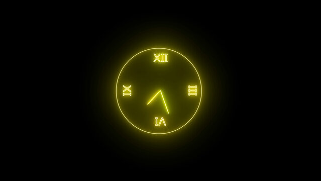 Glowing Yellow Neon Clock with Roman Numerals on a Black Background
