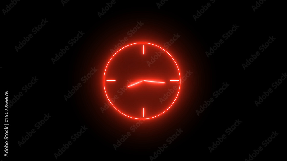 Poster red neon clock on black background displaying time for projects and presentations