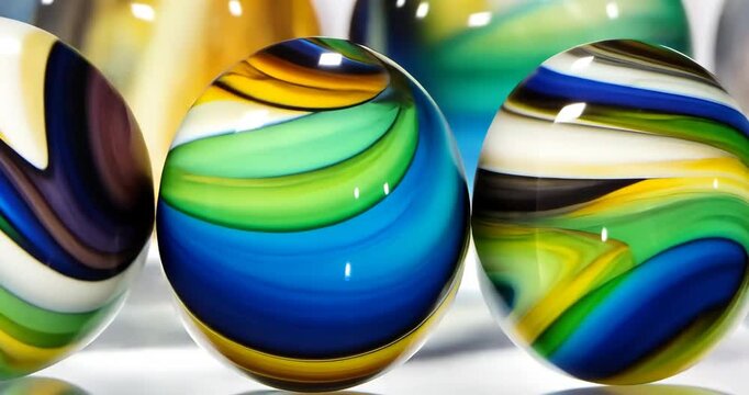 Close-up macro shot of colorful glass marbles rotating, creating mesmerizing visual.