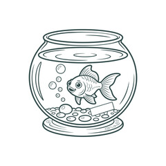 Whimsical Goldfish in a Round Bowl with Bubbles and Gravel Line Art Illustration for Coloring Books or Children s Designs Isolated