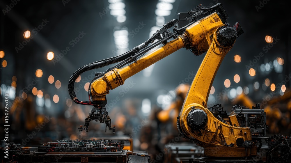 Poster dynamic angle of robotic arm working on a piece of machinery in a modern industrial setting with hig