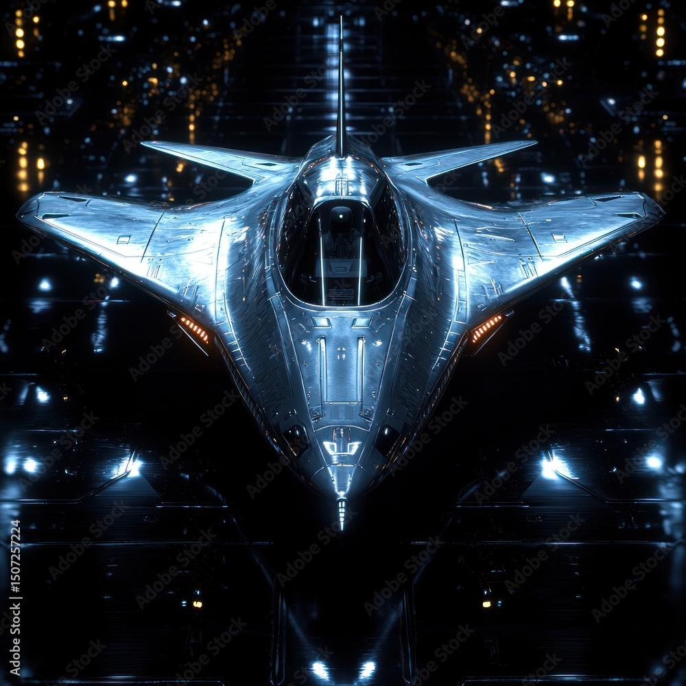 Poster futuristic spaceship design with metallic texture and dark sci-fi environment
