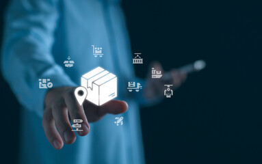 Businessman manage supply chain icon for Logistic, organizing and controlling resources to meet the needs of customers, Logistic and transport concept, Shipping port background.