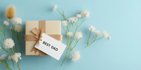 Minimalist Gift Box with "Best Dad" Tag, Beige Ribbon, and White Flowers on Light Blue Background for Father's Day Concept, Copy Space Banner Mockup Template