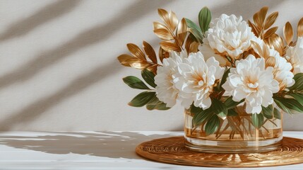 Elegant White Peonies Gold Leaves Table Decor Still Life Photography