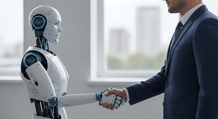 Business professional shaking hands with humanoid robot in modern office setting