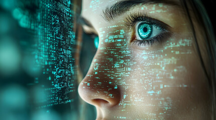 Close-up of a person's face with digital code projected onto it.