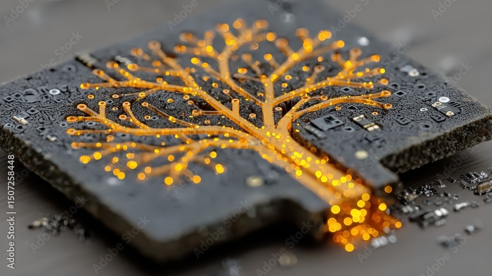Poster conceptual art of a circuit board integrated with a tree design symbolizing technology and nature fu