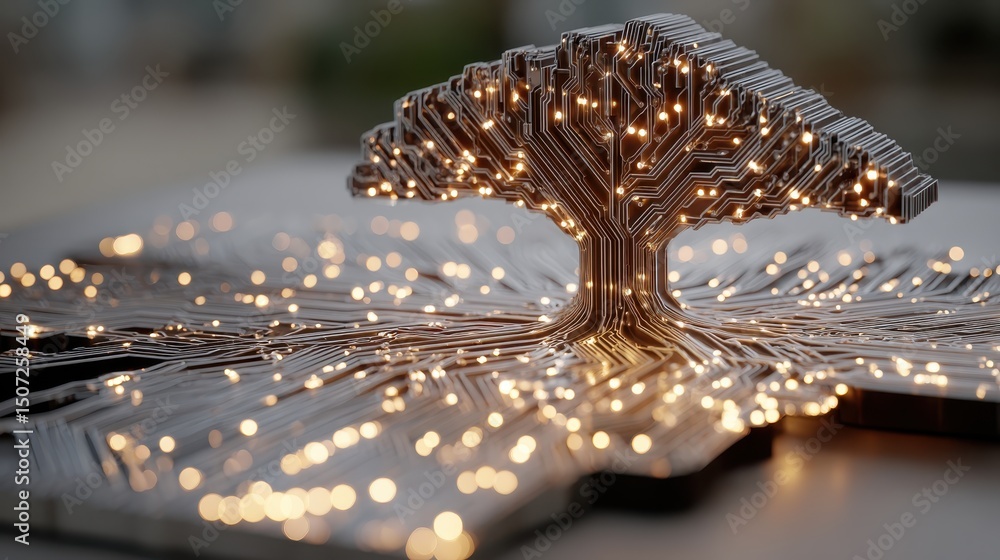 Poster artistic representation of a tree constructed from various electronic components showcasing nature a