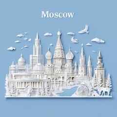Obraz premium White paper cut illustration of Moscow skyline with famous landmarks, domes and towers on blue backdrop