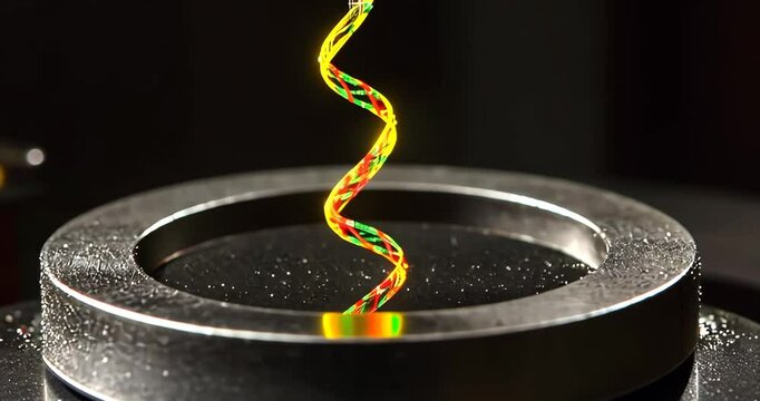 Close-up macro shot of a 3D printer creating a colorful helix structure.