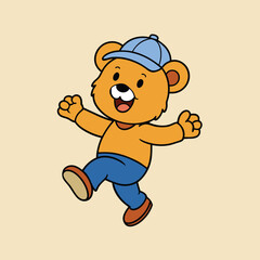 Obraz premium Cheerful Cartoon Bear Cub with Blue Cap Jumping and Smiling on a Pale Yellow Background 